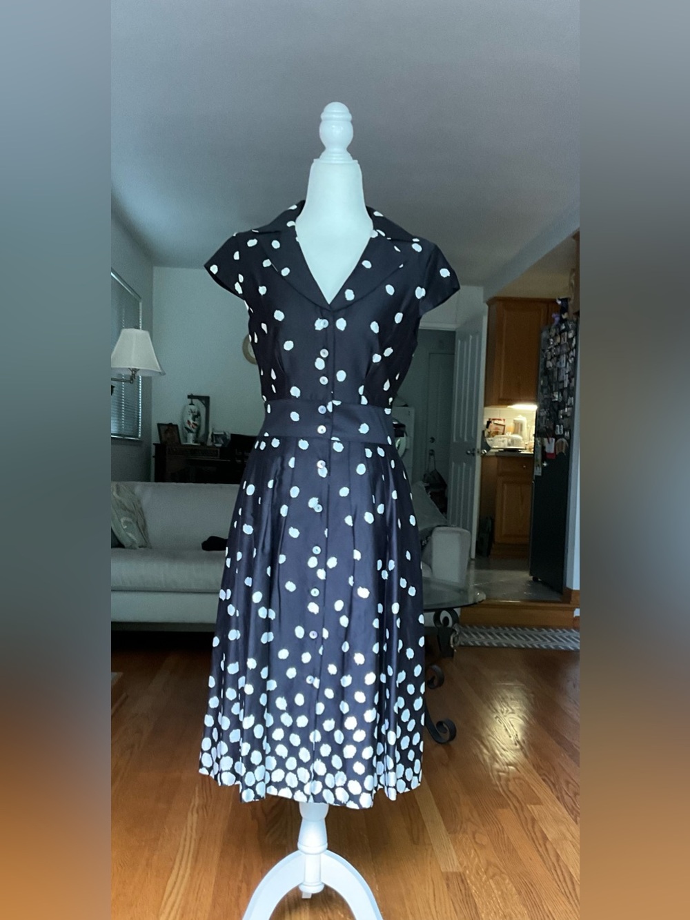 Jones New York Black and White Polka Dot Midi Dress with Button Front